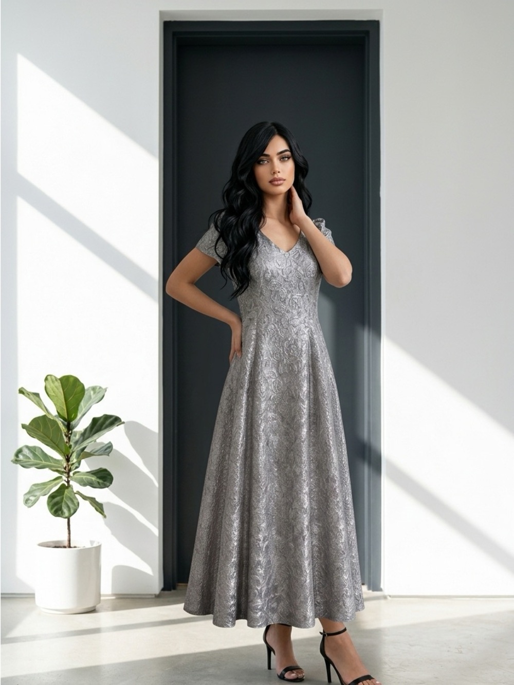 Alex Evenings Silver Lace V-Neck Maxi Dress